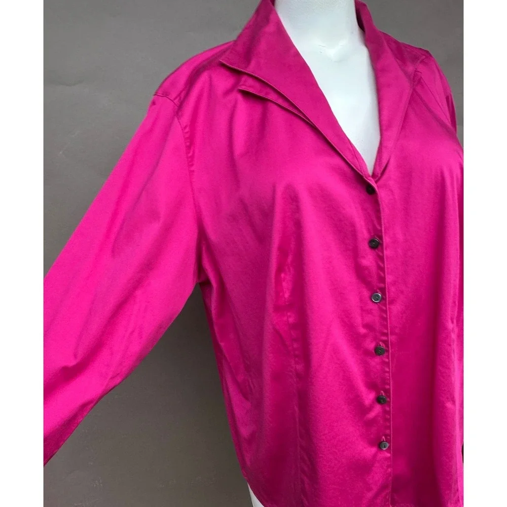 Talbots Fuchsia Pink Blouse 20W Button Up Layered Collar Cotton Stretch Academia